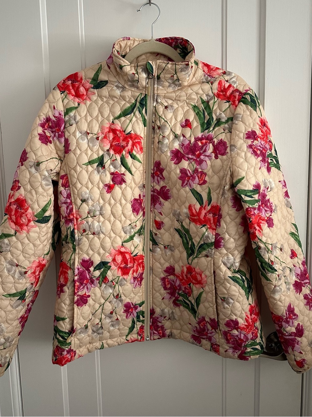 Lands' End Quilted Floral Jacket in Cream with Pink & Red Blooms